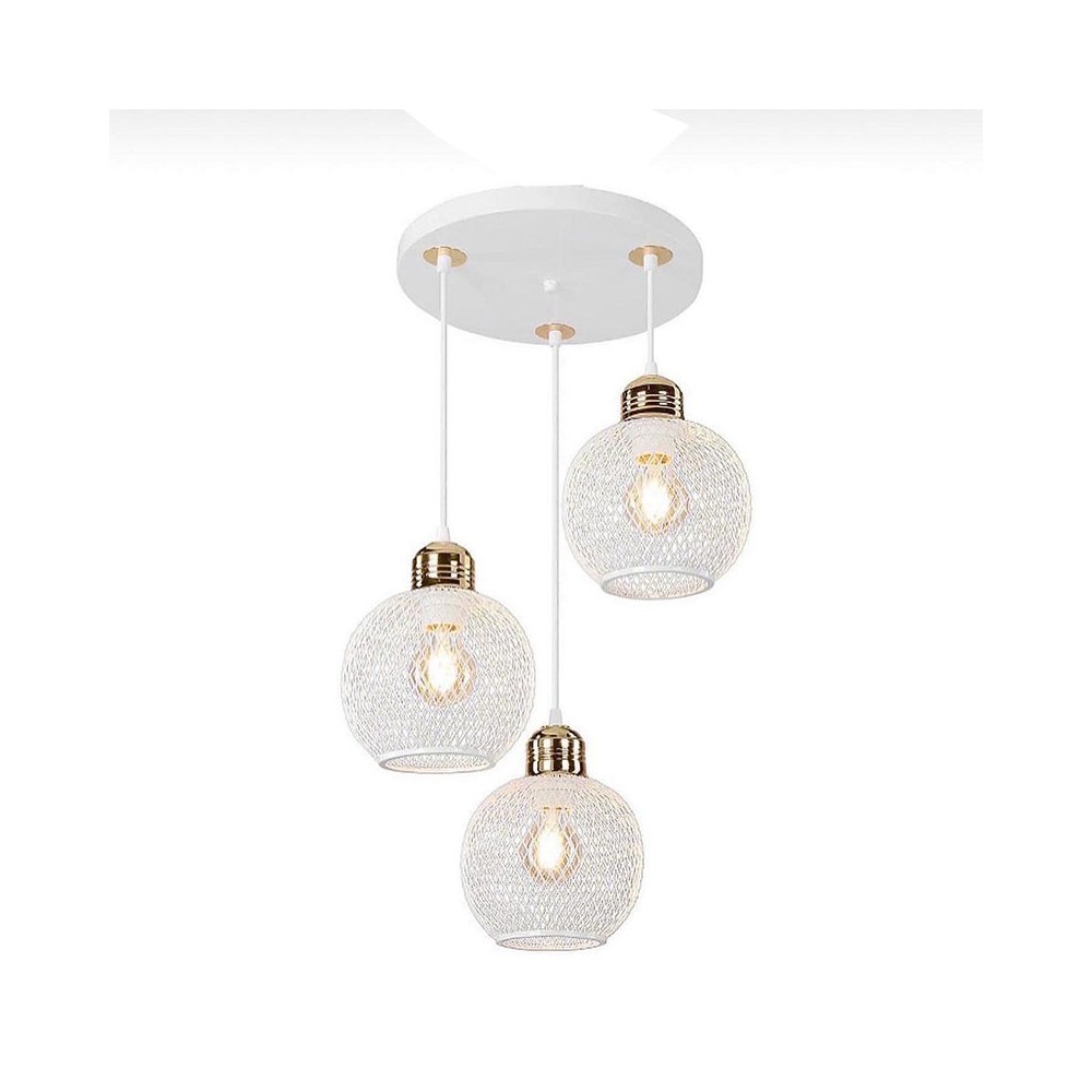 Plafonnier suspension luminaire 3 lumières E27 blanc-doré D30x85cm Plafonnier suspension luminaire 3 lumières E27 blanc-doré D30x85cm