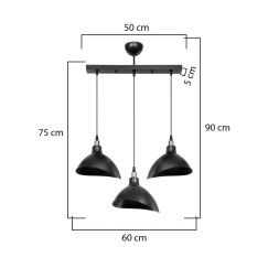 Plafonnier suspension luminaire à trois lumières avec abat jour noir 60x22x90 cm