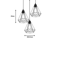 Plafonnier suspension luminaire trois lumières métal noir 30x25 cm
