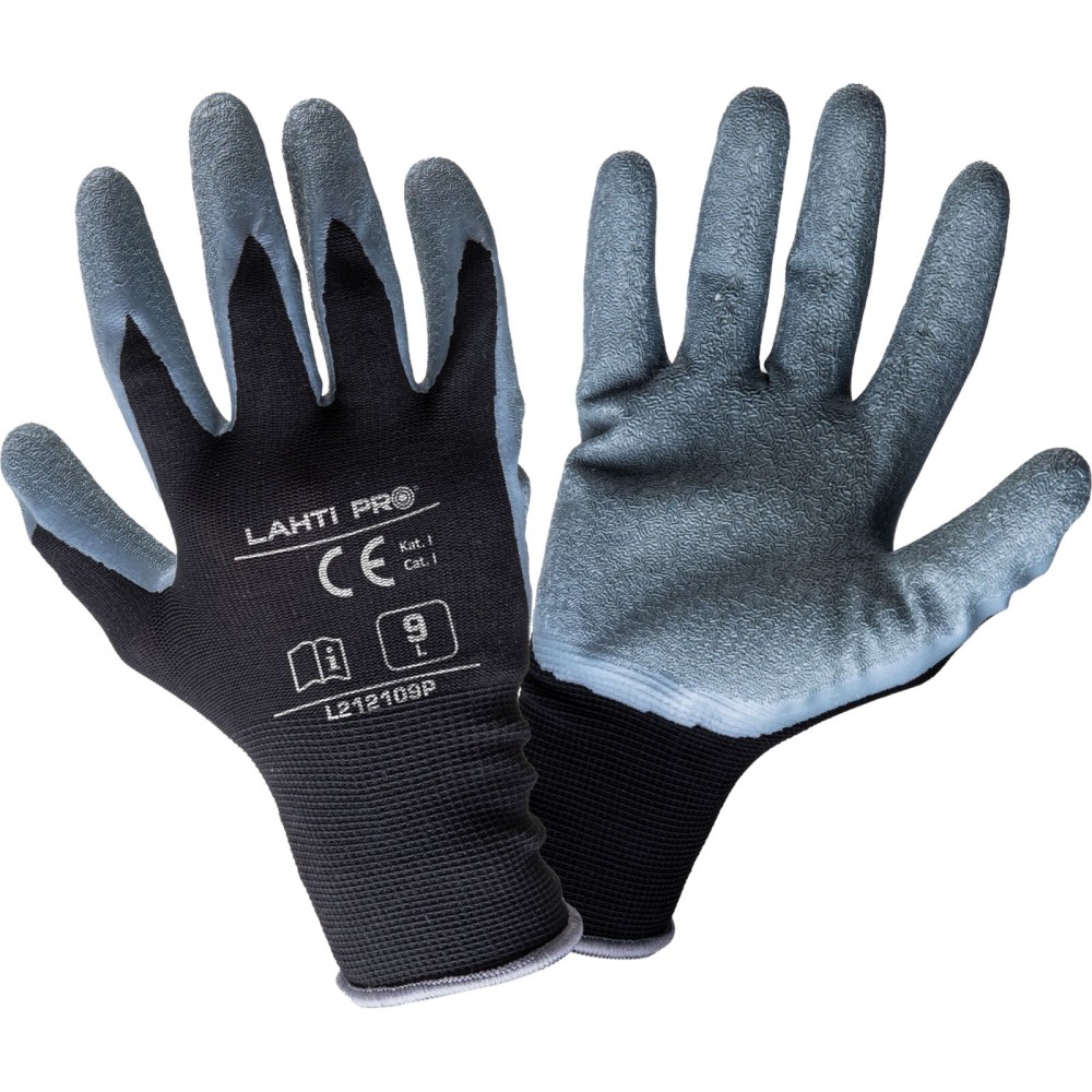 GANTS LATEX NOIR-GRIS L212109P, 12 PAIRES, "9", CE, LAHTI